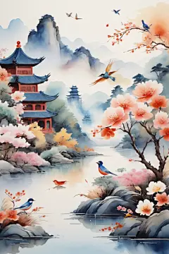 手绘山水中国风水墨画山水画插画