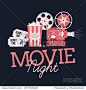 Cool vector web banner or printable design element on Movie Night event with detailed retro motion picture film projector, admit one cinema theater tickets and popcorn. Dark background 正版图片在线交易平台 - 海洛创意（HelloRF） - 站酷旗下品牌 - Shutterstock中国独家合作伙伴