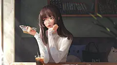 动漫 3840x2160 原始人物 咖啡馆 书籍 黑发 看着别处 眼镜 动漫女孩 饮料