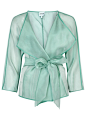 Armani Collezioni Turquoise belted silk organza jacket : Armani Collezioni turquoise organza jacket Bracelet sleeves, belt, side vents, satin trims Slips on 100% silk; belt: 80% silk, 20% polyester