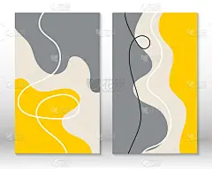黄色,灰色的颜色。现代抽象绘画。流体几何形状的集合。抽象手绘水彩效果形状。家居装饰设计。现代艺术打印