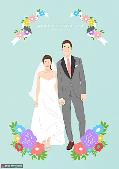 婚礼浪漫婚纱鲜花彩色手绘婚礼情侣插画 人物插画 卡通男女