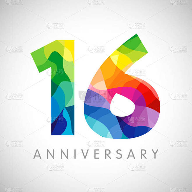 16周年纪念日的数字.16岁的标志类型。恭喜你了。孤立的抽象图形网页设计模板。创意1，6 3D数字。