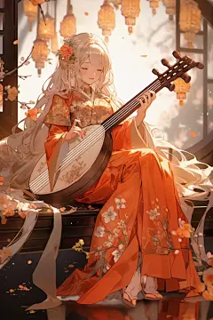水墨琵琶古装少女古风女生插画