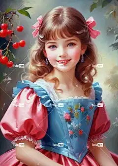 Ai产生的 孩子 裙子 美丽 脸 姿势 樱桃 看 微笑 甜的