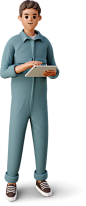 young man in the worker jumpsuit with tablet Illustration in PNG, SVG