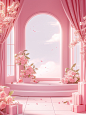 E-commerce background, podium, pink color, romantic style, exquisite composition, pink curtains and flowers on the left side of the stage, an arch with arched doorways in front of it, light clouds floating above, pink gift boxes placed next to them, and a