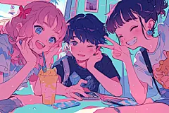 夏日聚会发小漫画风插画