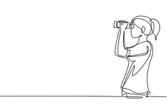 一笔画 | 图源免费EPS文件 |Single continuous line drawing girl looking in distance with binoculars. Enjoy beauty of nature as far as the eye can see. Find something interesting. One line draw graphic design vector illustration