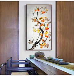新中式玄关装饰画吉祥进门玄幻过道走廊竖版柿子树墙画事事如意-tmall.com天猫