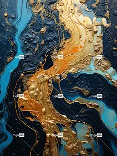 水墨艺术品浮雕纹理金色和蓝色抽象河流和蒙特斯海报