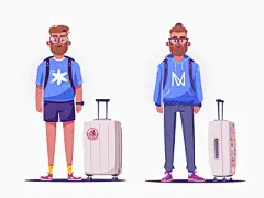 旅行者  IVN眼镜胡子手提箱旅行者旅行人物设计平面艺术搞笑设计人物卡通矢量插画