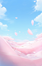 wallpaper with bright pink and blue screenshot 5, in the style of delicately rendered landscapes, hyperrealistic compositions, realistic blue skies, minimalist still life, flattened perspective, romantic illustration, shin hanga