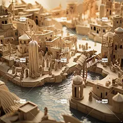 中世纪海滨古城港区的3D模型，纸质艺术插图风格海报