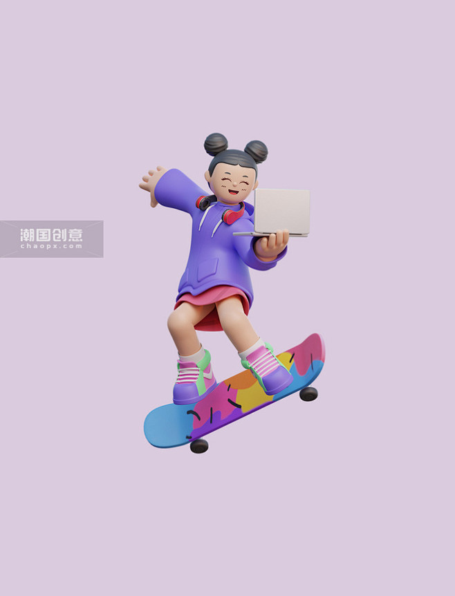 3D国潮假期滑板办公潮酷女孩人物运动健身...