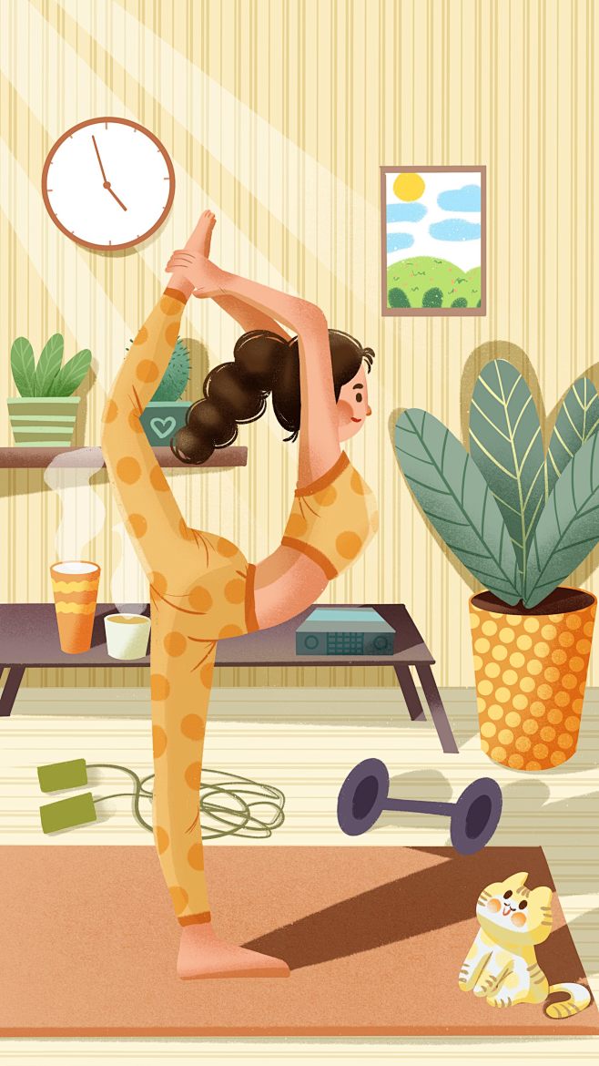 女孩家庭健身瑜伽健康生活锻炼插画 - 无...