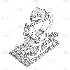海狸穿着浴袍，戴着眼镜坐在摇椅上看书。黑白手绘图。