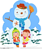 童话传说插画－坐在雪人旁边的男孩和女孩