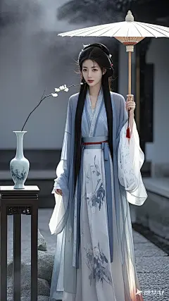 面容精致，水墨泼洒、水墨丹青，古韵留白，雾气，烟雾缭绕，摄影作品，写实，中式恐怖，聊斋美学，诧寂风，暗黑系，清冷感，，通过眼神表达杀意，丁达尔光效，冷色调，清冷感，雾霭沉沉，新中式风格，简约现代风背景