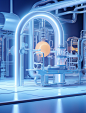 the lab scene with glass and pipe in blue and blue, in the style of rendered in cinema4d, advertising-inspired, machine age aesthetics, drugcore, back button focus, arched doorways, clear edge definition