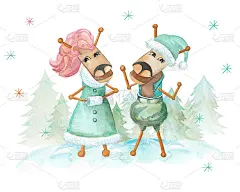 两匹马，一个男孩和一个女孩穿着冬装站在雪堆上，围绕着雪花，创造出圣诞树的背景。