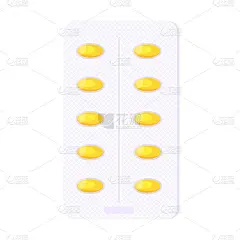 欧米加3脂肪丸水泡与黄色胶囊扁平风格设计矢量插图孤立在白色背景。药品包装片剂、胶囊药治疗药。