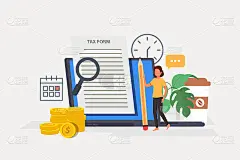 网上纳税。填写纳税表格的人。可用于模板，登陆页，ui, web，移动应用程序，海报，横幅，传单