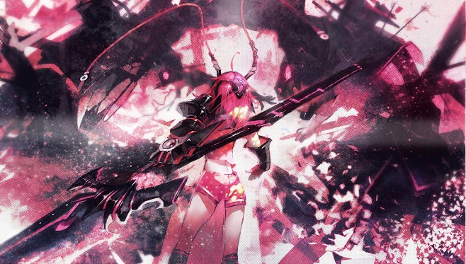 vocaloid手套粉红色的武器盔甲粉红色的短发发型的战斗backview矛短裤