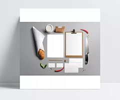 精致办公用品模板|水杯,马克杯,夹子,布袋,名片纸袋,辣椒,案板,菜刀,面包,VI应用模板