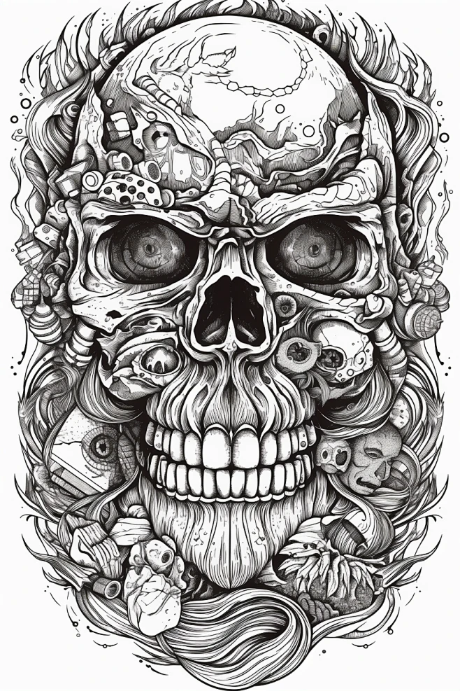 AI绘画_Prompts_wubba_skull_beard_weirdcore_coloring_page_for_adults_thick ...