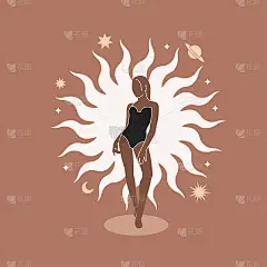 一个女人的剪影映衬着波西米亚式的大太阳。太空，行星，月亮，占星术主题。打印的衣服。手绘时尚平面矢量插
