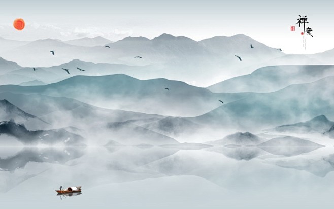 新中式山水古典中国风装饰画插画图艺术山脉...