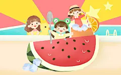 立夏插画卡通夏天游泳喝冷饮吃西瓜立夏原创插画素材