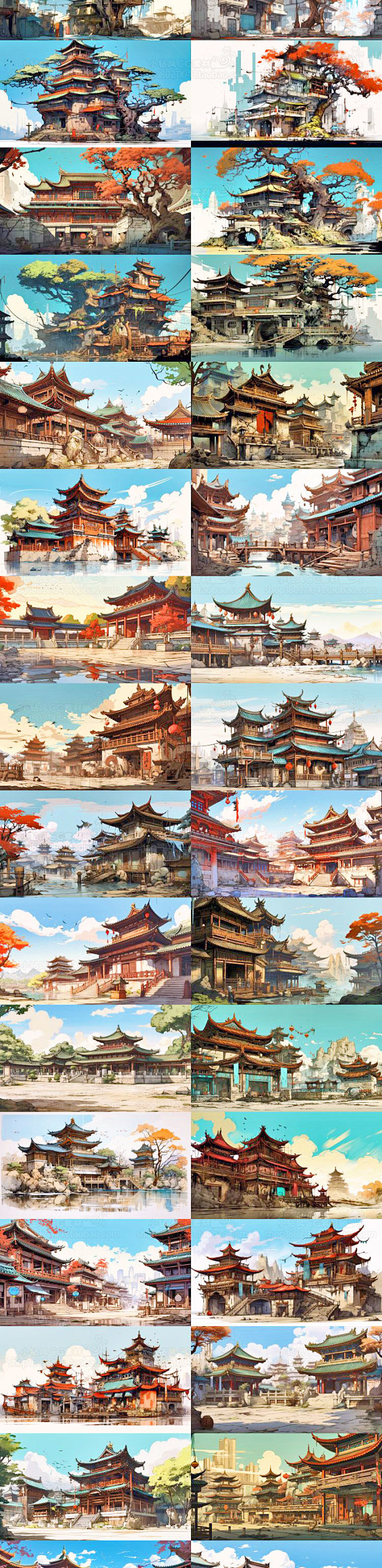 国风阁楼建筑树屋素材 游戏场景概念设计 古风背景插画临摹图片