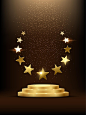 Golden podium with stars glowing gold stage with glitter and light smoke on dark background Free Vector
