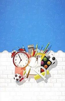 闹钟铅笔手绘插画新学期装备开学季海报蓝色背景素材