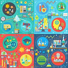 基础科学广场概念集，物理，化学，生物平面矢量设计矢量插图。