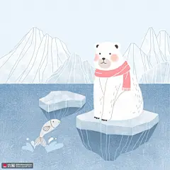 冰山海水可爱白熊静坐冰块与鱼对望动物插画 萌宠动物 野生动物_3102349441
