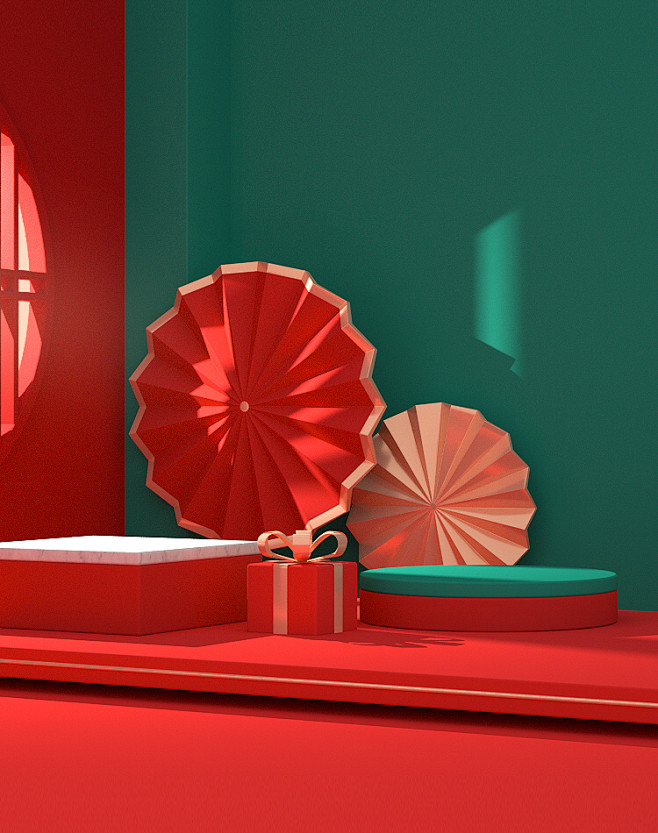 红绿c4d618国潮风电商海报场景模板-...