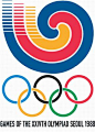 1988年韩国汉城第二十四届奥运会会徽 
　　
　　1988年汉城奥运会会徽的设计充分体现了传统韩国文化的精髓,整个图案具有鲜明的朝鲜民族特色. 1988年汉城奥运会会徽,由蓝,红,黄3色呈旋涡状的条纹和象征奥林匹克的五色环组成,3种颜色代表天,地,人"三元一体"的哲学意义.动态的条纹,意指生生不息的体育运动,旋转向上以示河蟹进步.会徽中向内心的动态,比喻来自五大洲的选手走到一起;而外离心的动态,则寓意着通过奥林匹克的崇高精神,走向相互了解和世界进步.