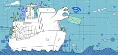 卡通科技背景高清素材 psd素材 信封 信笺 卡通 大海 手 手机 手绘 插画 海报banner 童趣 轮船 通信 背景 设计图片 免费下载 页面网页 平面电商 创意素材