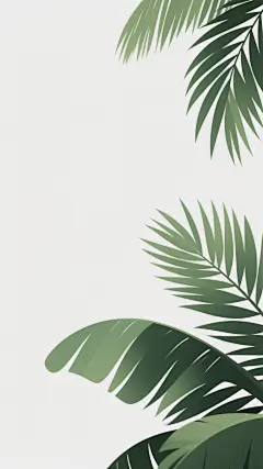 数字插画风格，以白色为主体背景占画面70%的留白空间，右下角和右上角分布着几片自然元素的绿色棕榈叶，叶片呈现出清晰的叶脉纹理和自然的弯曲形态，色彩为深浅不一的绿色渐变，边缘有轻微的高光处理，整体画面简洁、干净，具有现代设计感，无任何文字或标识元素。