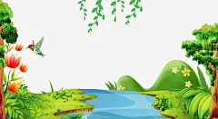 春季林间的小溪主题边框高清素材 叶子装饰 大自然景色 手绘 春季 春色 林间的小溪 树木装饰 植物装饰 花朵装饰 免抠png 设计图片 免费下载
