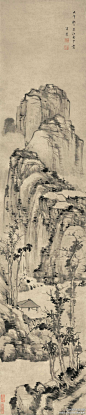 【 明 李流芳 《疏树孤亭图》 】轴，纸本，墨笔，148.5×31cm，天津博物馆藏。