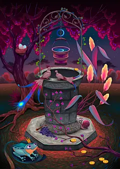 神秘的庭院，水井，鸟，青蛙，插画