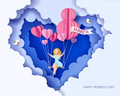 剪纸工艺抽象背景EPS矢量女神节妇女节贺卡海报素材蓝色天空背景下女神荡秋千-平面素材-@美工云(meigongyun.com)