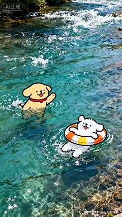 image壁纸设计，俯视视角，卡通+写实摄影风格的拼接，两只可爱的卡通粗线勾勒的可爱小狗漂浮在写实摄影风格的清澈的蓝绿色河水中，一只米黄色狗狗戴着红色项圈微笑着漂浮挥手打招呼身体被水浅浅的覆盖，另一只雪白狗狗惬意的仰面在游泳圈上随波晃动而游动，周围散落着两个非常mini的游泳圈分别是橙白色和黄白色，水面非常的真实有阳光斑驳与自然光影和小狗游动的水花和水波纹变化，真实河床质感与水纹细节丰富，水流湍急。卡通角色为插画风，与真实的水面形成强烈视觉对比，，夏日午后氛围，童趣、治愈、安静、梦幻，画面干净简洁