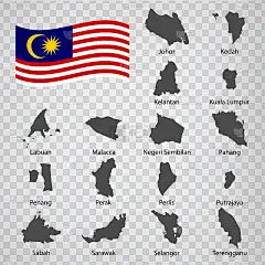 十六张马来西亚国家地图-按姓名字母顺序排列。每一幅州地图都有单独的文字和标题。马来西亚。亚洲。EPS