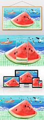 唯美清新夏天海边避暑度假游泳吃西瓜插画