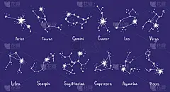 星座向量集。星座。字体:狮子座、处女座、天蝎座、天秤座、水瓶座、射手座、双鱼座、魔羯座、金牛座、白羊